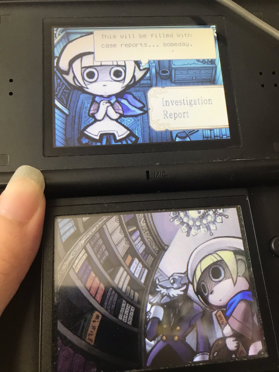 screenshot of ds touch detective, with mackenzie and cromwell and funghi looking at a tall bookcase. mackenzie holds an investigation report book in her arms, saying “this will be filled with case reports... someday.”